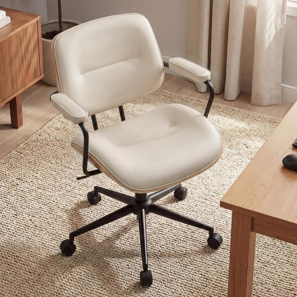 Mid Century Modern Office Chair with Adjustable Backrest, Wooden Desk Chair with Armrests, Swivel Height Adjustable Home Office Chair, Comfortable Task Chair for Home Office, Beige