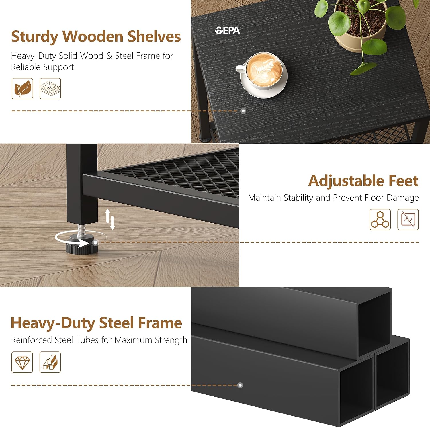 Heybly Small Side Table Set of 2, Tall End Table with Adjustable Shelf, Telephone Table, Nightstand, Accent Table Stand, Small Entryway Table, Bedroom,Living Room, Office,Bathroom, Black, HET003BK2