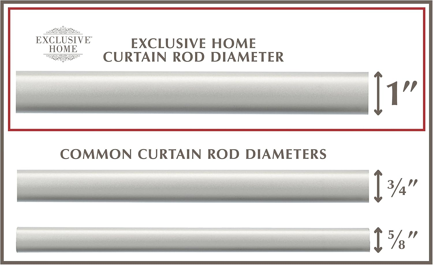 EXCLUSIVE HOME Torch 1" Curtain Rod and Coordinating Finial Set, Matte Silver, Adjustable 66"-120"