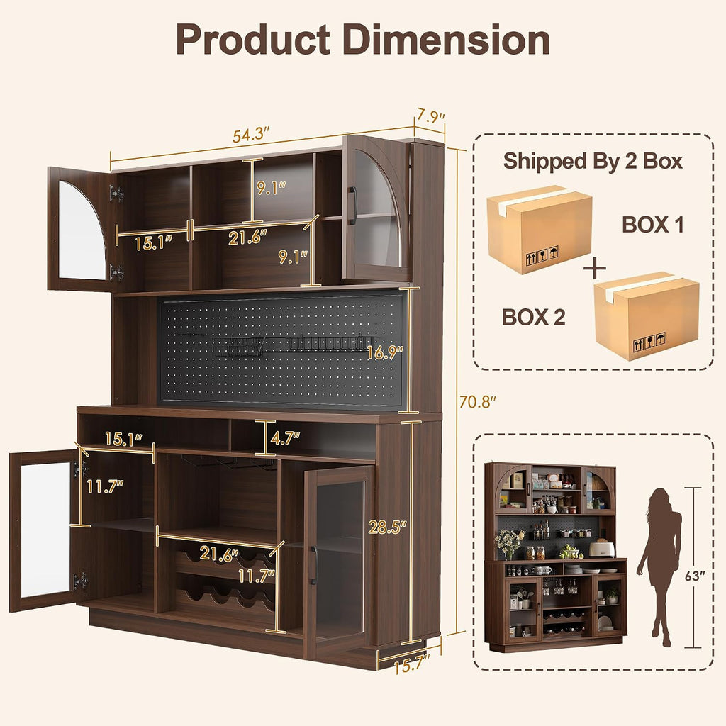BINGTOO 71" Tall Kitchen Pantry Cabinet with Charging Station, 54" Large Kitchen Hutch with LED Lights & Pegboard, Coffee Bar Cabinet with Wine Rack and Adjustable Shelves (Walnut Brown, 1 Cabinet)