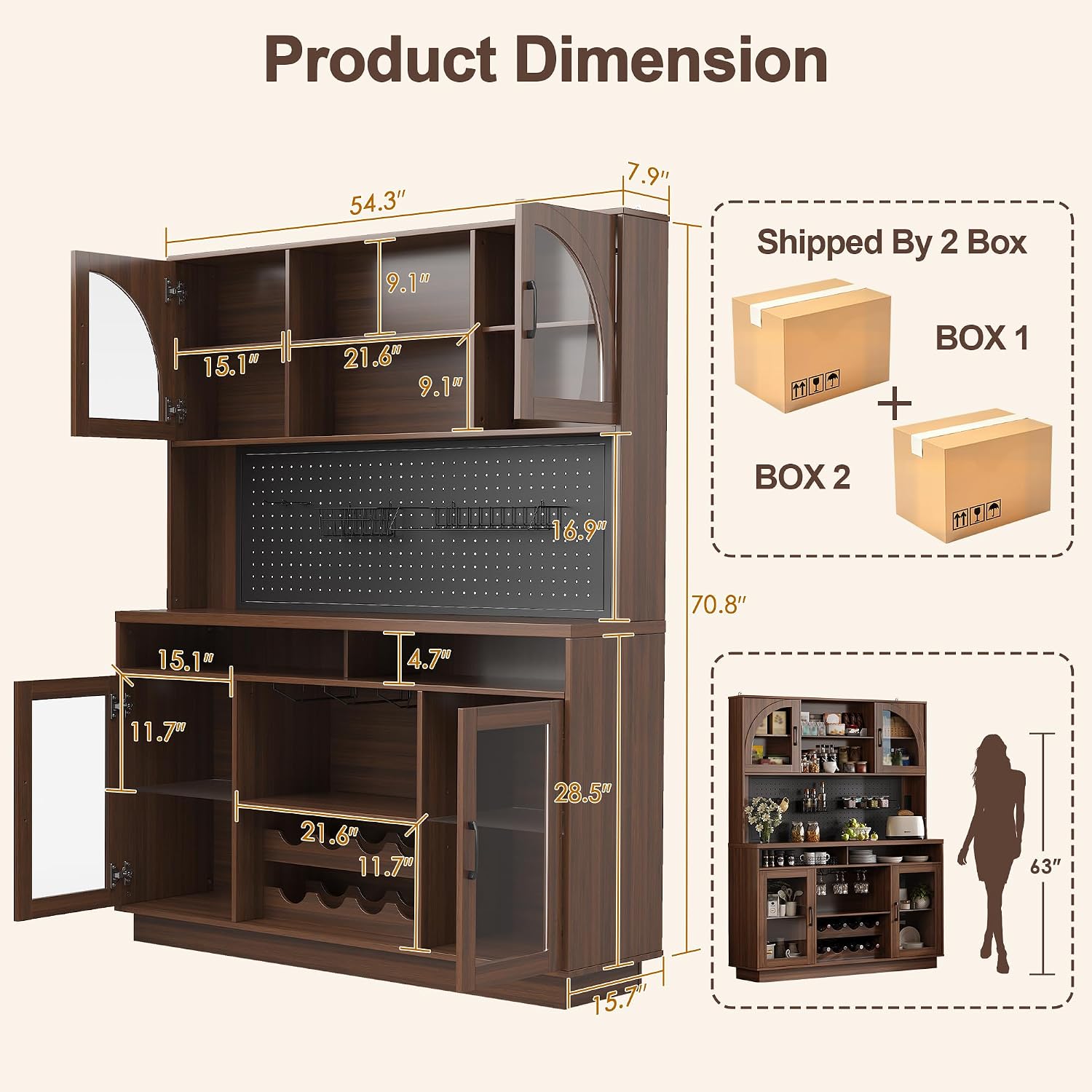 BINGTOO 71" Tall Kitchen Pantry Cabinet with Charging Station, 54" Large Kitchen Hutch with LED Lights & Pegboard, Coffee Bar Cabinet with Wine Rack and Adjustable Shelves (Walnut Brown, 1 Cabinet)