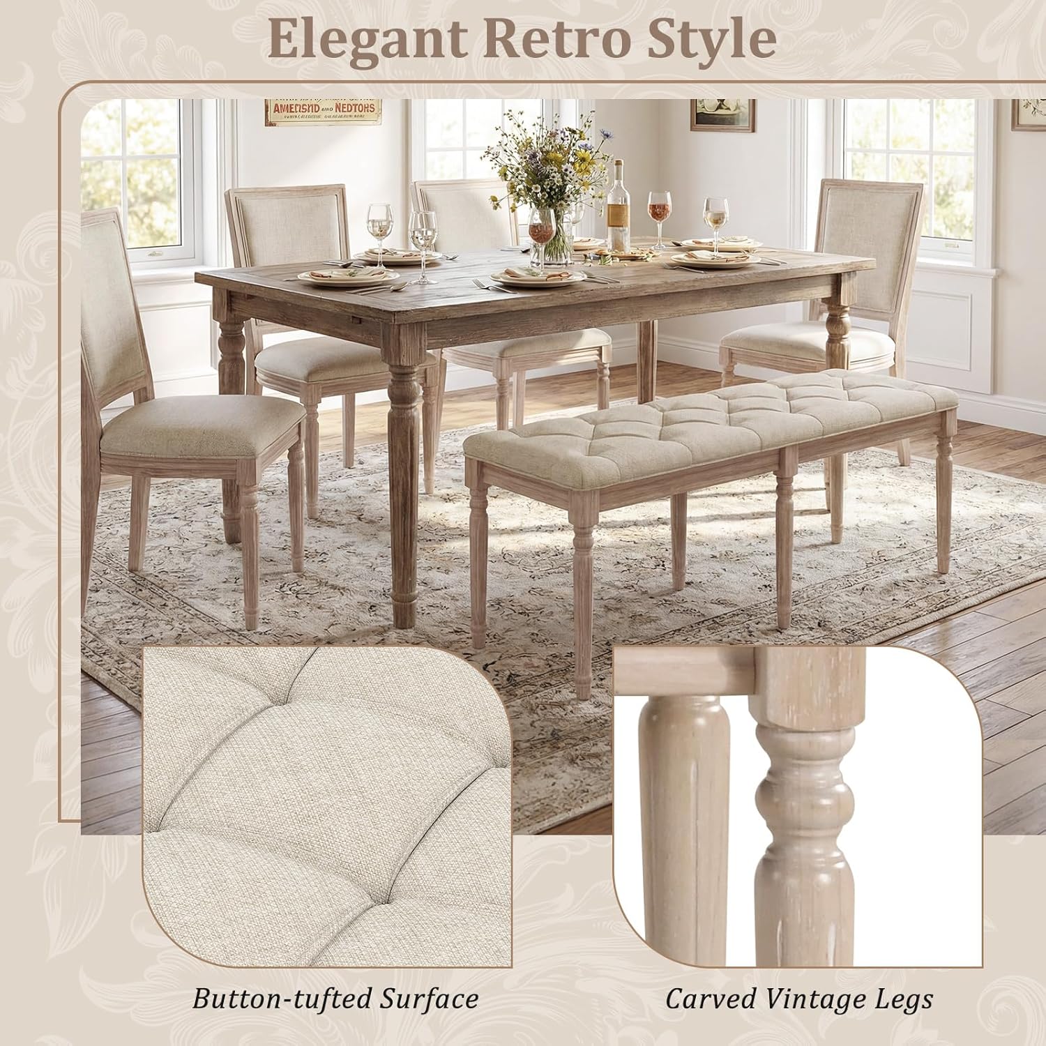 Giantex 47.5-inches Upholstered Dining Bench, Button-Tufted Table Bench with Carved Rubber Wood Legs, Padded Seat, Load 440Lbs, Vintage End of Bed Ottoman for Entryway, Living Room, Bedroom (1,Beige)
