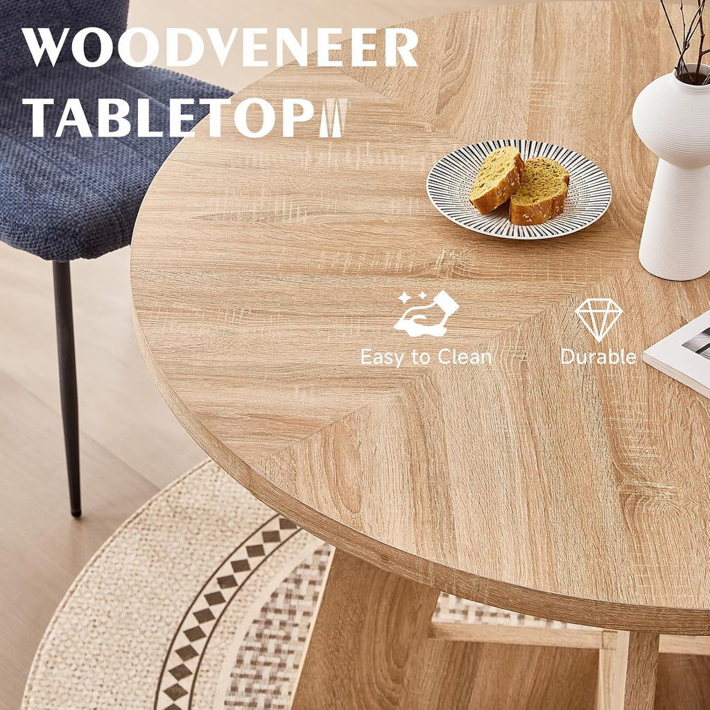 47" Round Dining Room Table Set for 4, [Fanned Base] [1.38" Thick Top] Wood Kitchen Table with 4 Chenille Dining Chairs