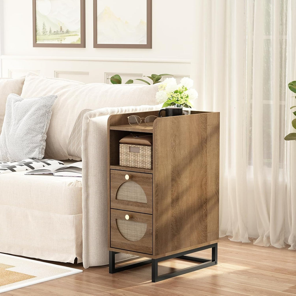Narrow Nightstand for Small Spaces - 9.3" Slim Side Table with Rattan-Weave Drawers, Skinny Bedside Table with Open Shelf, Rustic Tall Thin Gap Filler for Bedroom, Caramel Oak, Set of 2