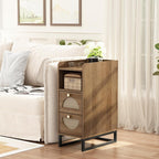Narrow Nightstand for Small Spaces - 9.3" Slim Side Table with Rattan-Weave Drawers, Skinny Bedside Table with Open Shelf, Rustic Tall Thin Gap Filler for Bedroom, Caramel Oak, Set of 2