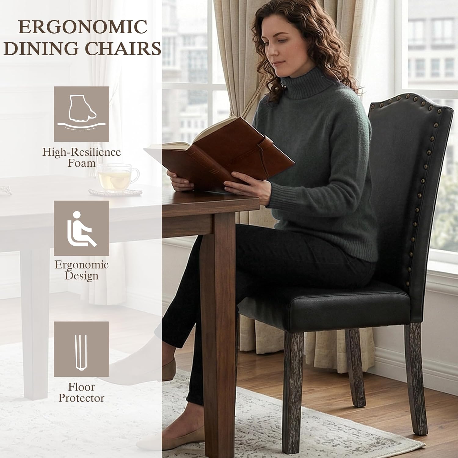 LSSBOUGHT PU Dining Chair Set of 2 Upholstered Parsons Kitchen Chair with Copper Nails and Solid Wood Legs for Dining Room,Restaurant(Black)