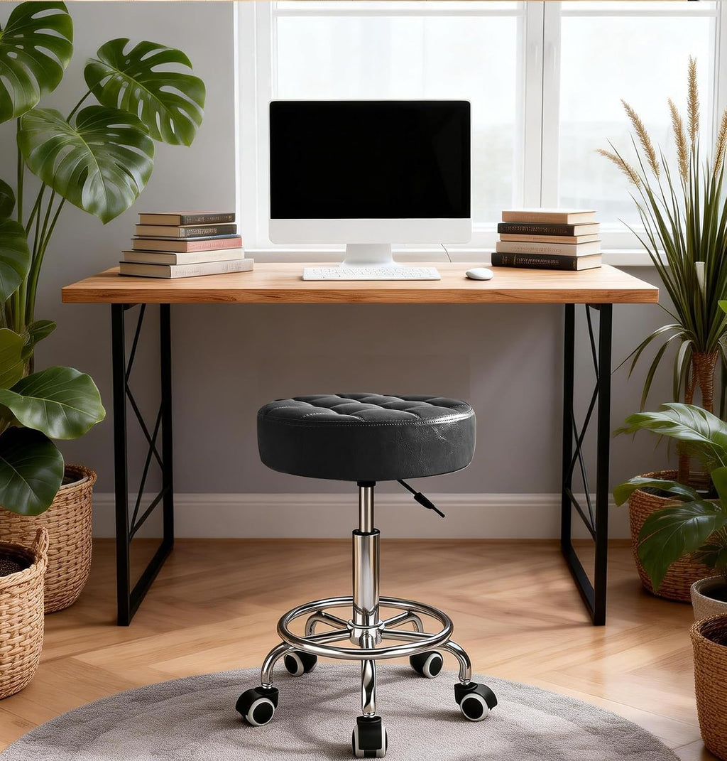 500lb Rolling Stool with Thickened Ultra Soft Padded Seat, 5-mins Easy Assembly Drafting Stool with Round Footrest, PU Leather Adjustable Swivel Stool with Wheels for Home, Office, Spa (Black)