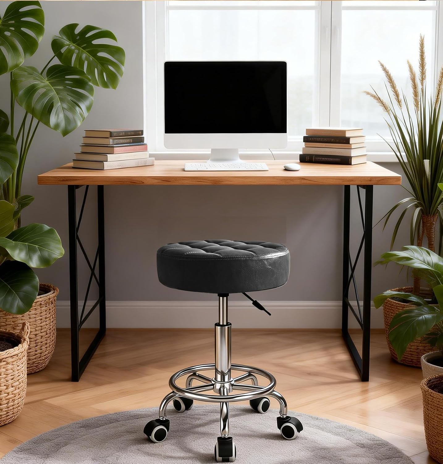 500lb Rolling Stool with Thickened Ultra Soft Padded Seat, 5-mins Easy Assembly Drafting Stool with Round Footrest, PU Leather Adjustable Swivel Stool with Wheels for Home, Office, Spa (Black)