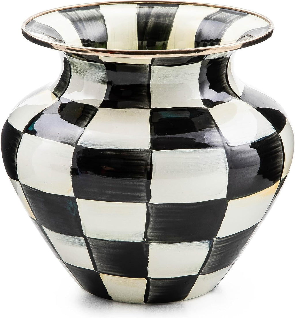 MACKENZIE-CHILDS Large Enamel Vase, Unique Flower-Vase Decor for Living Room, Black-and-White Courtly Check