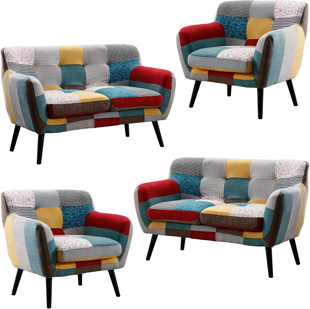 Bonzy Home Modern Colorful 3 Piece Coroful Fabric Sofa Set, Included 2 Accent Chairs and Boho Loveseat, Linen Patchwork Plaid Couches with Rubberwood Legs and Removable Upholstered for Living Room