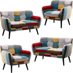 Bonzy Home Modern Colorful 3 Piece Coroful Fabric Sofa Set, Included 2 Accent Chairs and Boho Loveseat, Linen Patchwork Plaid Couches with Rubberwood Legs and Removable Upholstered for Living Room