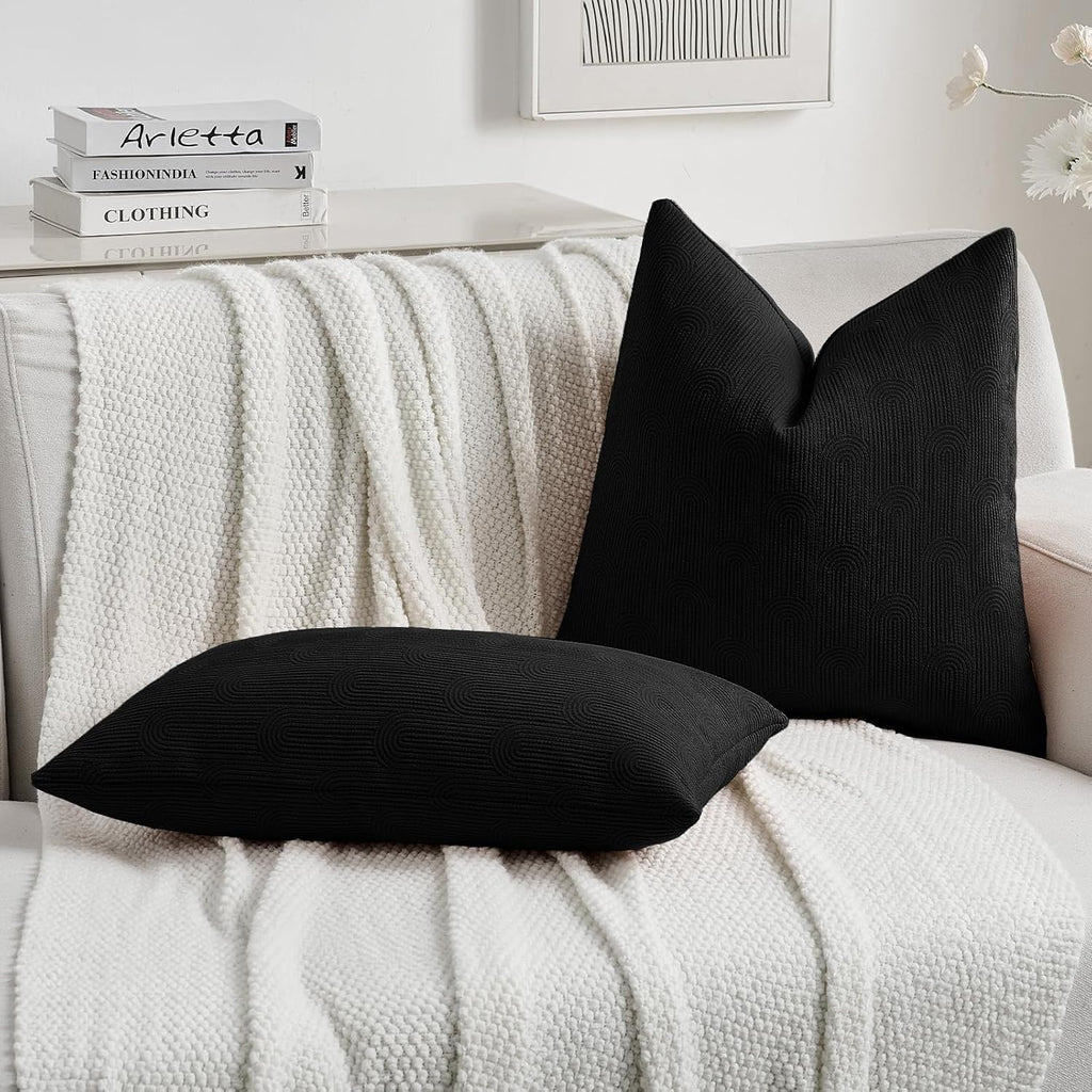 FUTEI Pack of 2 Chenille Decorative Throw Pillow Covers 22x22 Inch,Soft Cozy Striped Geometric Patterns Cushion Case,Modern Home Decor for Couch Bed Living Room,Black