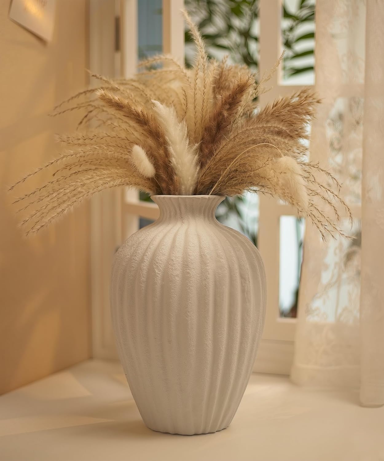 Handmade Ceramic Decorative Vase – Warm White Rustic Textured 10.4” Round Vase with Irregular Waves and Weathered Stone Finish for Home, Office, Farmhouse Decor