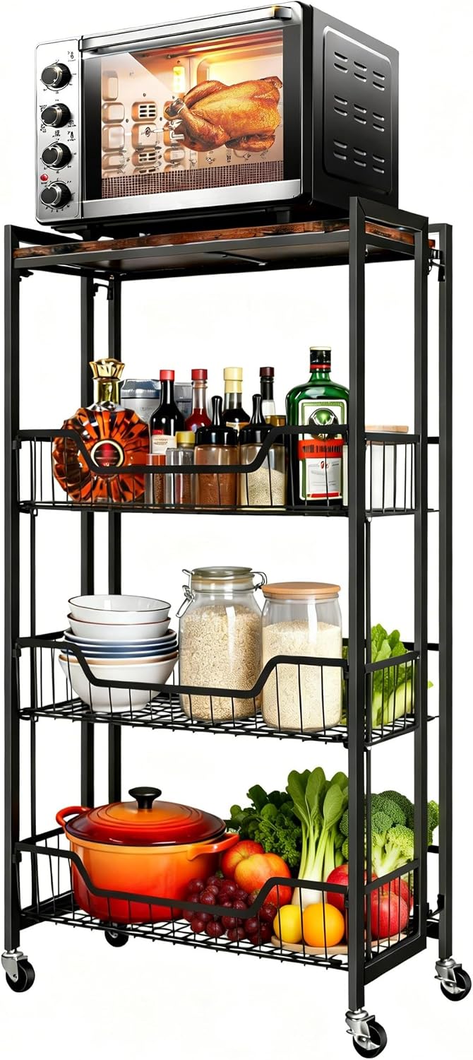 Garvee Large 4-Tier Foldable Storage Cart with Lockable Caster - 100Lbs Loading Capacity, Expandable Kitchen Organizer Storage Island, Heavy Duty Garage Shelving, Easy Foldable No Assembly Required