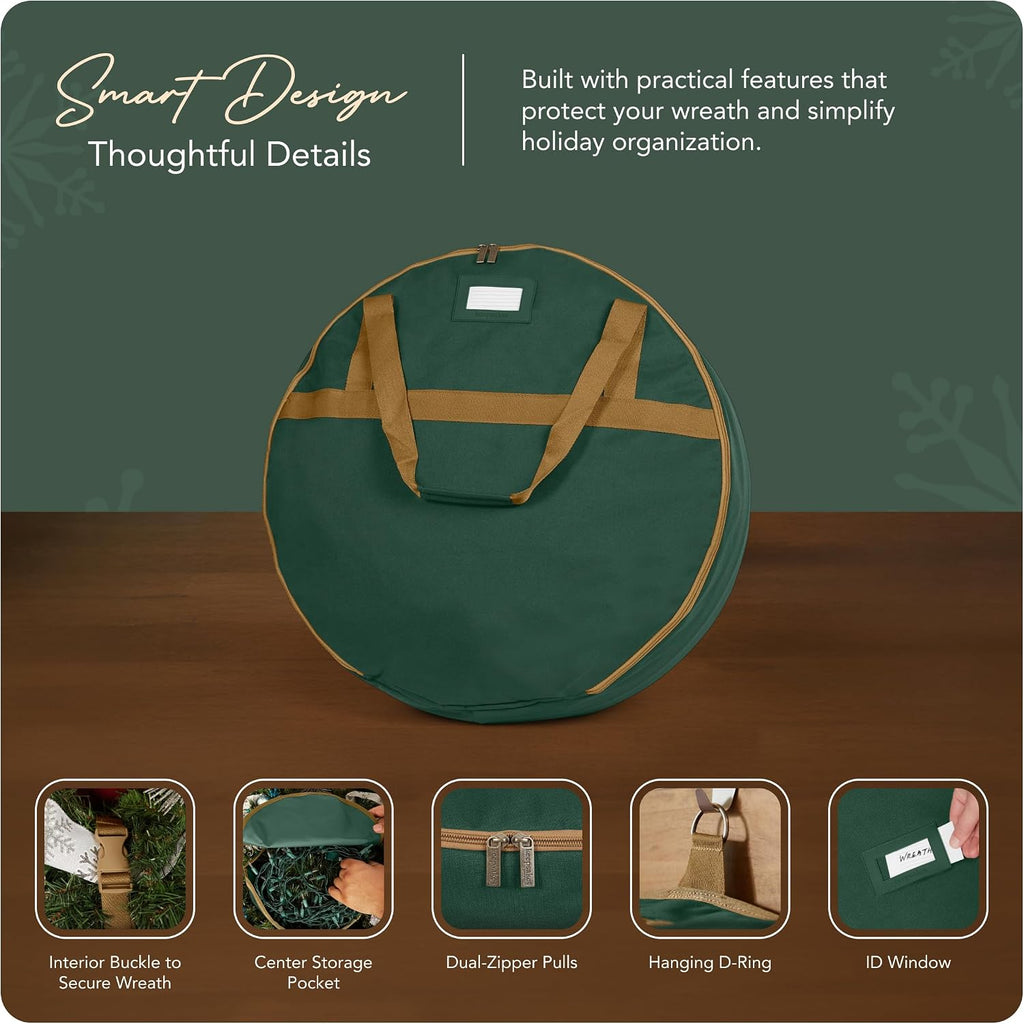 Covermates Keepsakes Wreath Storage Bag – Heavy-Duty Polyester with Buckle Straps & Interior Pouch – Protective Holiday Wreath Organizer with Handles, D-Ring & Label Window, Green