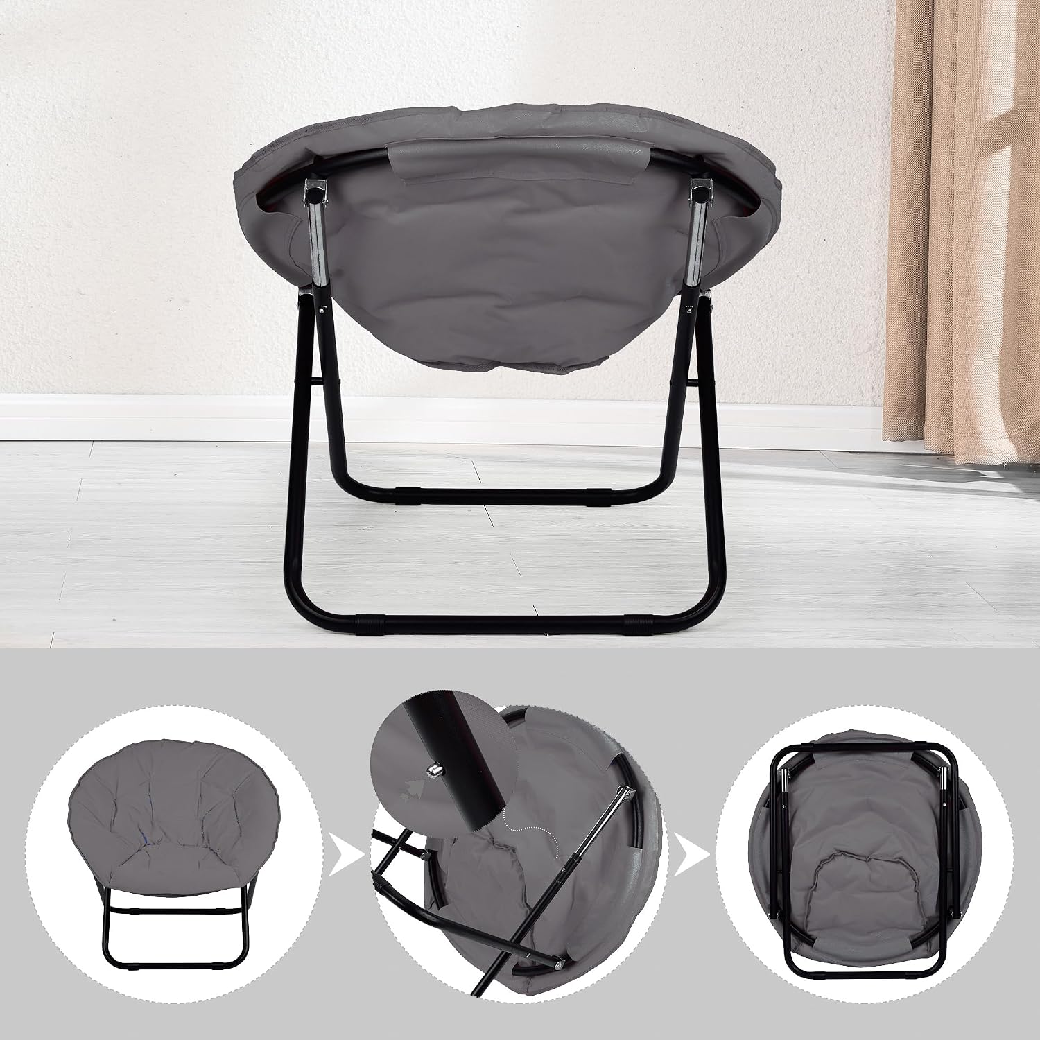 Folding Faux Fur Saucer Chair,Portable Folding Soft Moon Chair for Bedroom, Dorm Rooms, Apartments, Lounging, Garden and Courtyard, Grey