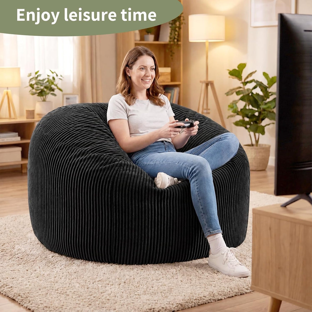 3FT Bean Bag Chairs for Adults, Medium Memory Foam Beanbags with Machine-Washable Wide Stripe Plush Cover Bean Bag Chair for Living Room Bedroom Dorm Office-Jet Black