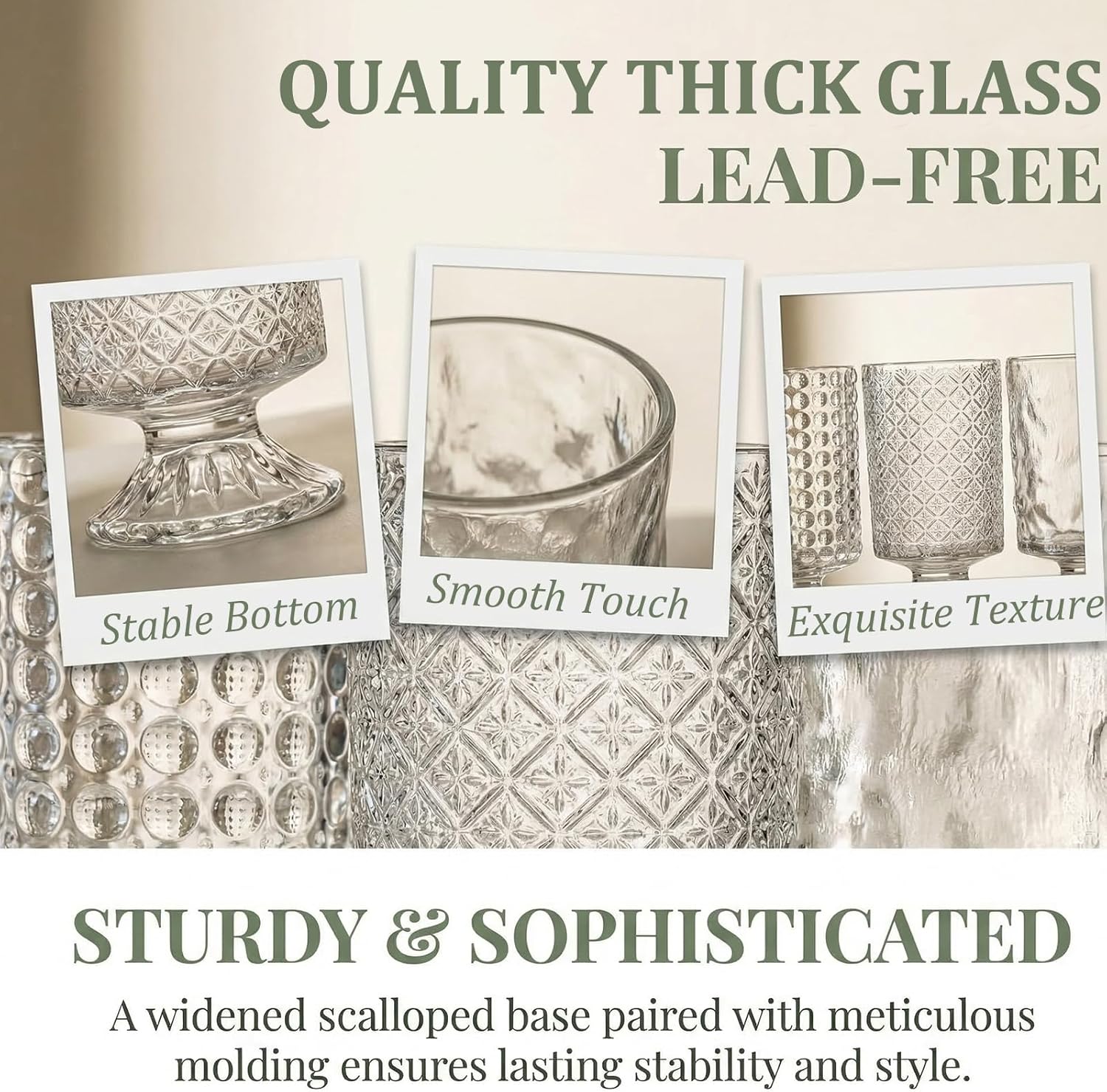 WRINGKIT Set of 3 Embossed Glass Vase, 7'' Clear Vases for Flowers Centerpieces, Wide Mouth Pedestal Vase with Big Base, Cylinder Candle Holder Glass Bouquet Vases for Table, Wedding Home Decor