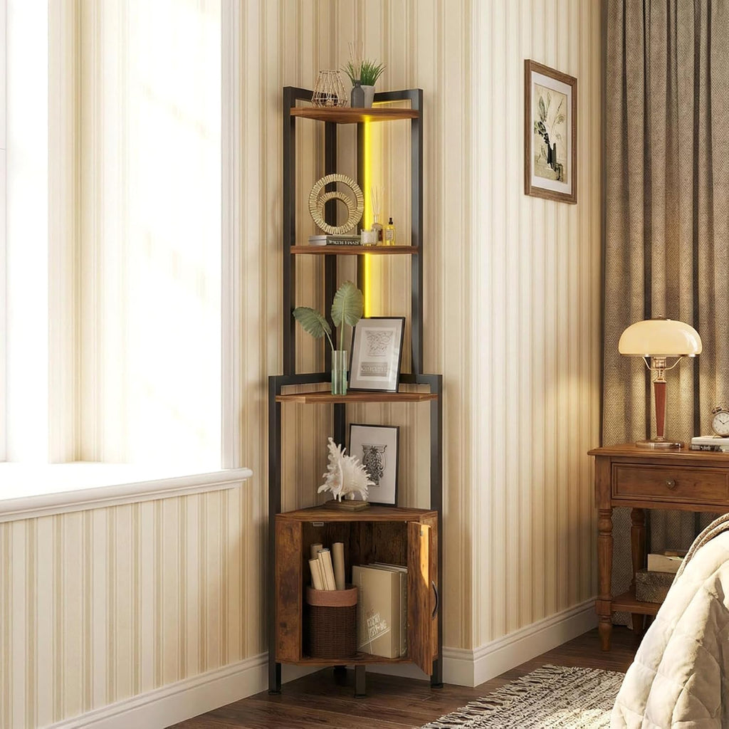 5-Tier LED Corner Cabinet Shelf, Rustic Brown Space-Saving Storage Organizer with Ambient Lighting, Freestanding Modern Farmhouse Shelf for Small Spaces