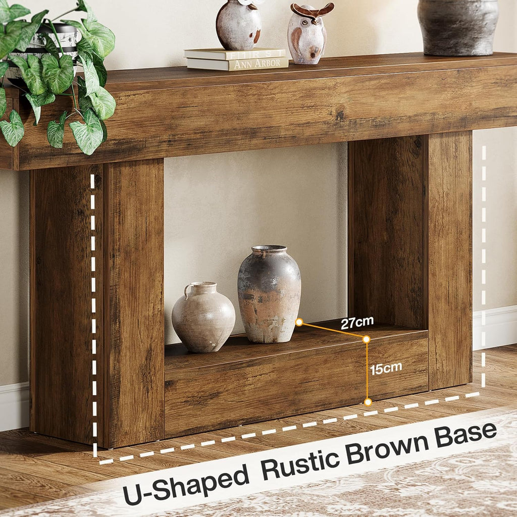 Tribesigns 63" Console Table, Farmhouse 2-Tier Entryway Table with U-Shaped Base, Narrow Long Wood Sofa Table Behind Couch Table for Living Room, Hallway, Foyer, Vintage Brown