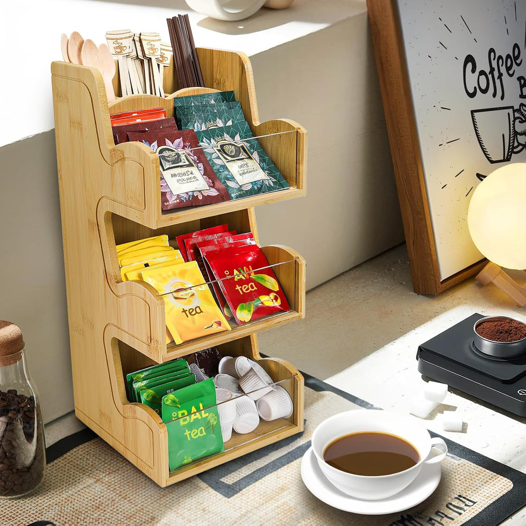 3 Tier Bamboo Coffee Condiment Station, 6 Compartments Coffee Tea Holder with Removable Acrylic Front Wall, Tabletop Organizer Sugar Pod Utensil for Countertop, Office, Home, Kitchen