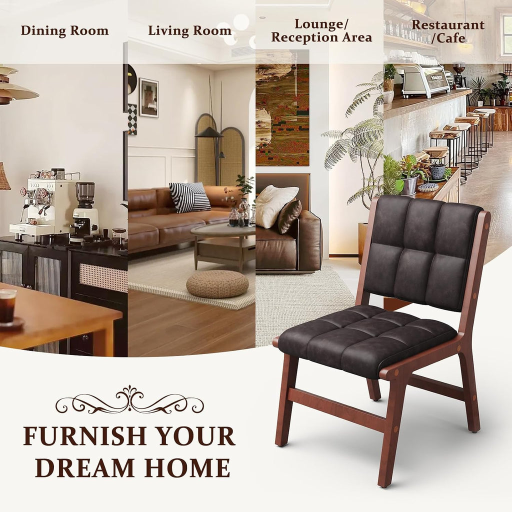 Furniliving Oak Wooden Dining Chairs Set of 2, Mid-Century Modern Leather Upholstered Kitchen Chair, Farmhouse Dining Room Chairs with Wide Seat, Brown