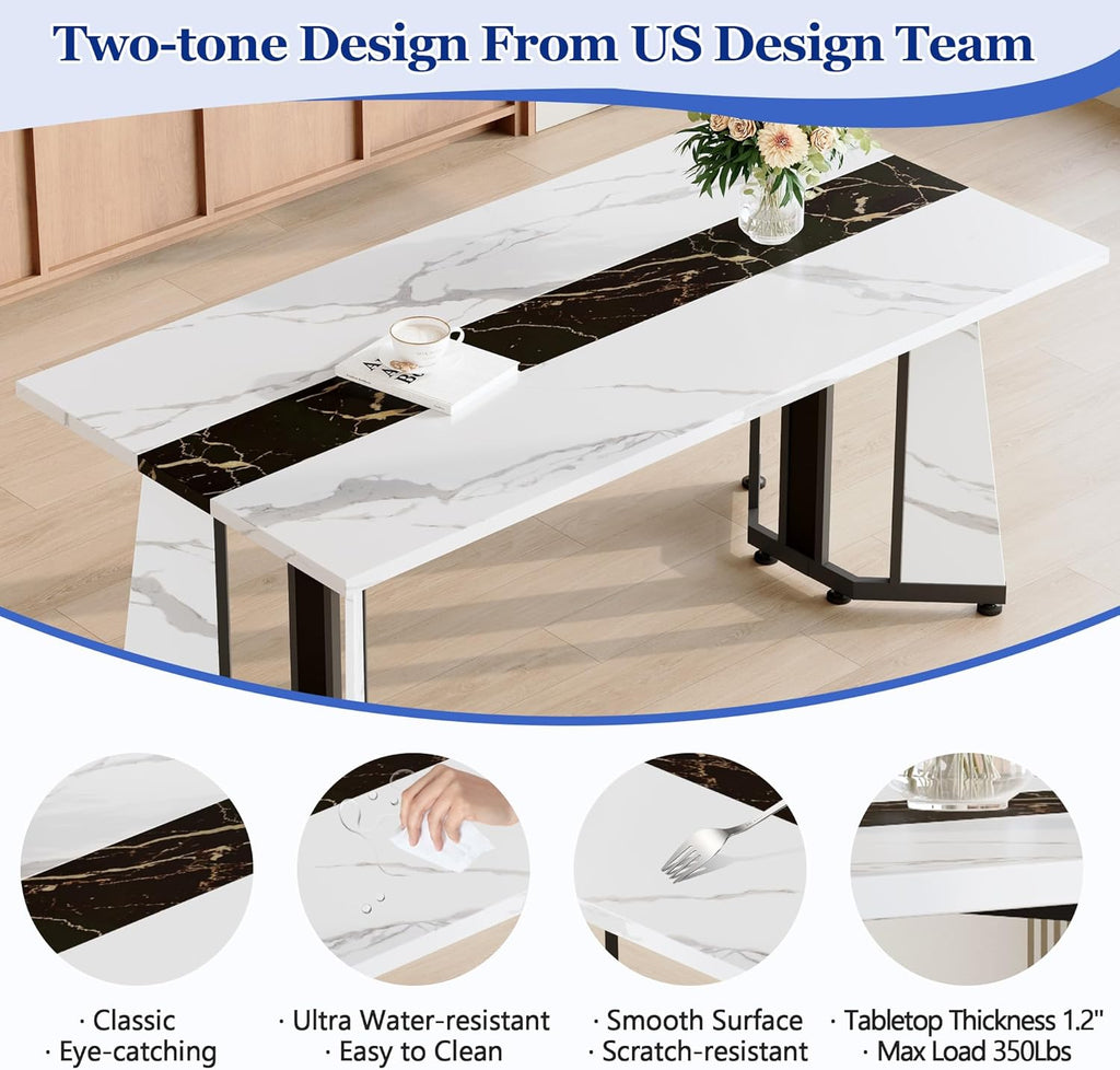 Dining Table Set for 6,White Marble 71'' Dining Room Table with Spacious legroom and Black Leather Dining Chairs,Easy Assembley,7 Pieces Kitchen Table and Chairs for Dining Room,Restaurant