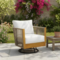 Garden Swivel Chair, Natural Acacia Wood with Handwoven Rope Design, Beige