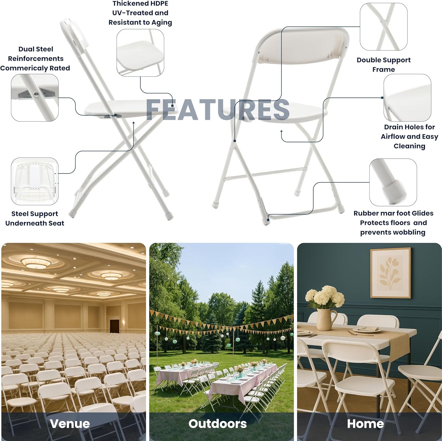 BTEXPERT Set of 5 Pack, White Plastic Folding Chair Steel Frame Commercial High Capacity Event Chair Lightweight Set for Office Wedding Party Picnic Kitchen Dining Church School