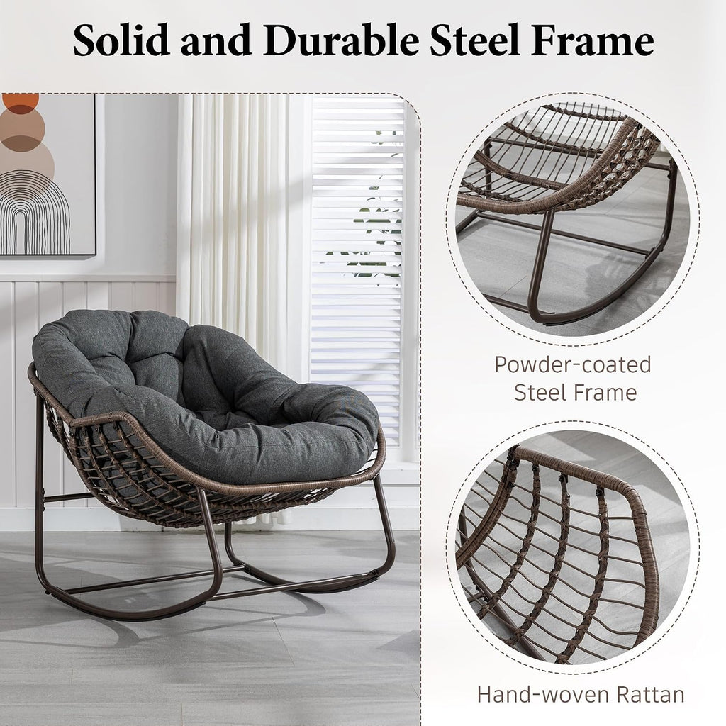 Outdoor Patio Rocking Chair, Oversized Papasan Chair with Cushion and Frame, Comfy Rattan Wicker Egg Chairs Indoor, Modern Lounge Rocker for Front Porch Living Room Bedroom (Dark Grey, Set of 1)