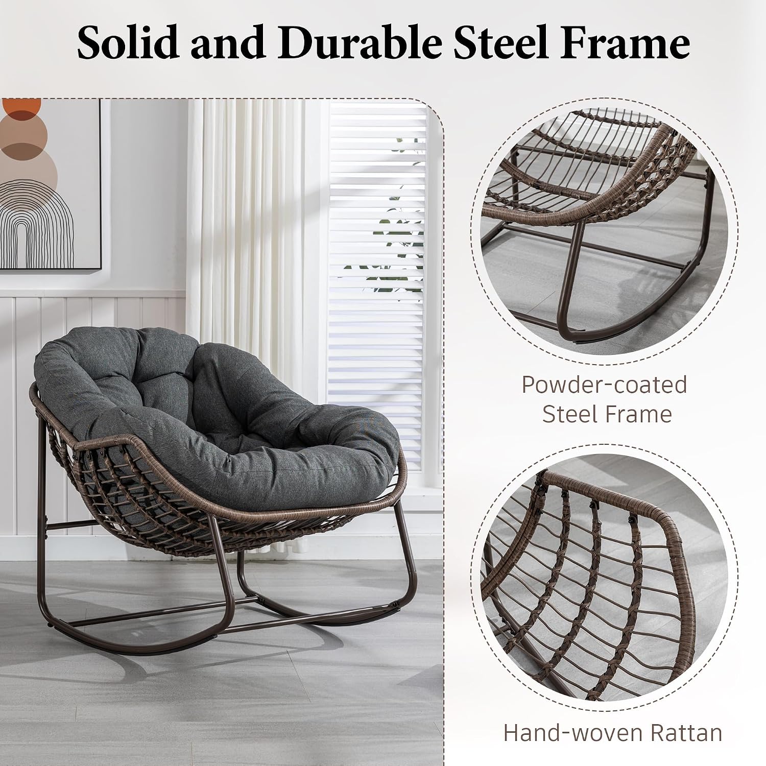 Outdoor Patio Rocking Chair, Oversized Papasan Chair with Cushion and Frame, Comfy Rattan Wicker Egg Chairs Indoor, Modern Lounge Rocker for Front Porch Living Room Bedroom (Dark Grey, Set of 1)