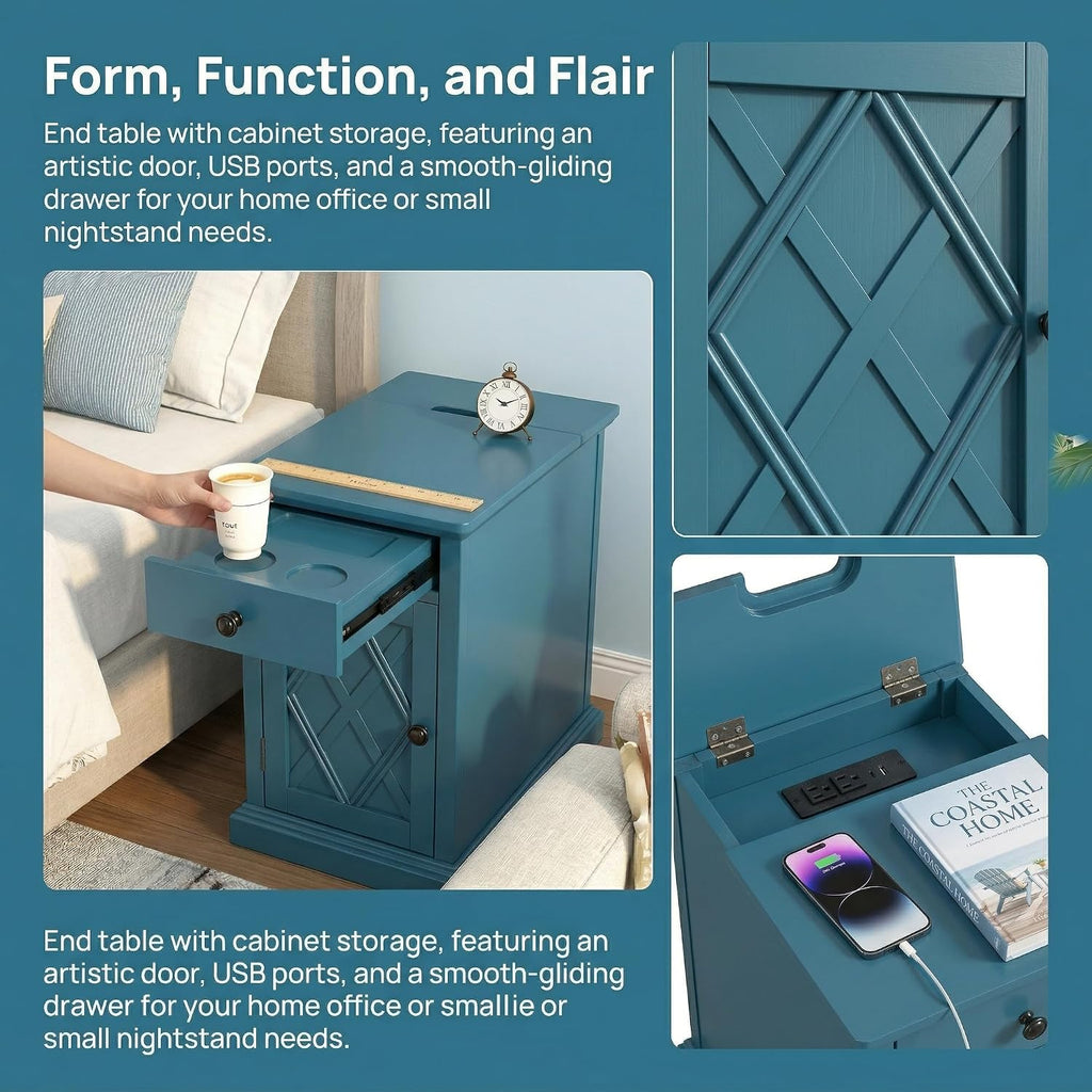 Polibi End Table with USB Ports and Storage, Bedside Table with Artistic Door Design,Drawer and Shelf, Accent Furniture for Small Spaces, Office, Living Room, Navy Blue