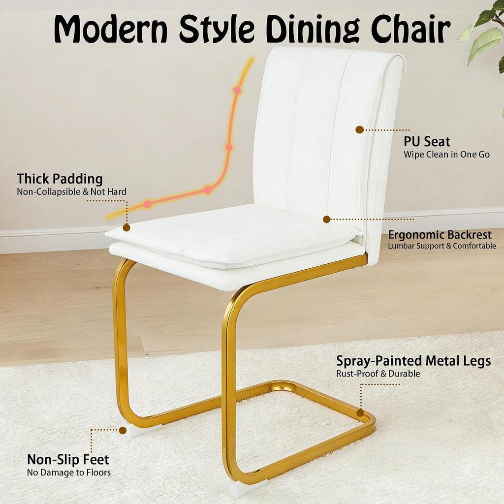 Meihua Dining Chairs Set of 4, PU Leather Modern Chairs with High Back and Metal Frame, Ergonomic Dining Room Chairs for Home, Office and Restaurant, White and Gold