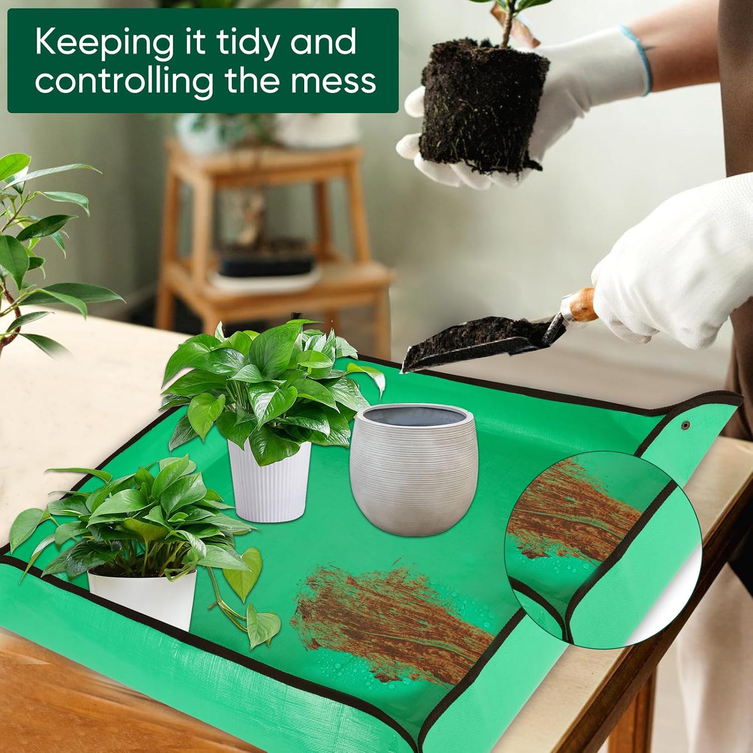 HKZ Repotting Mat for Indoor Plant - 26'' x 26'' Planting Mat Soil Mess Control, Portable Succulent Planting Potting Tray Waterproof Gardening Transplanting Bonsai Tools(Pale Green)