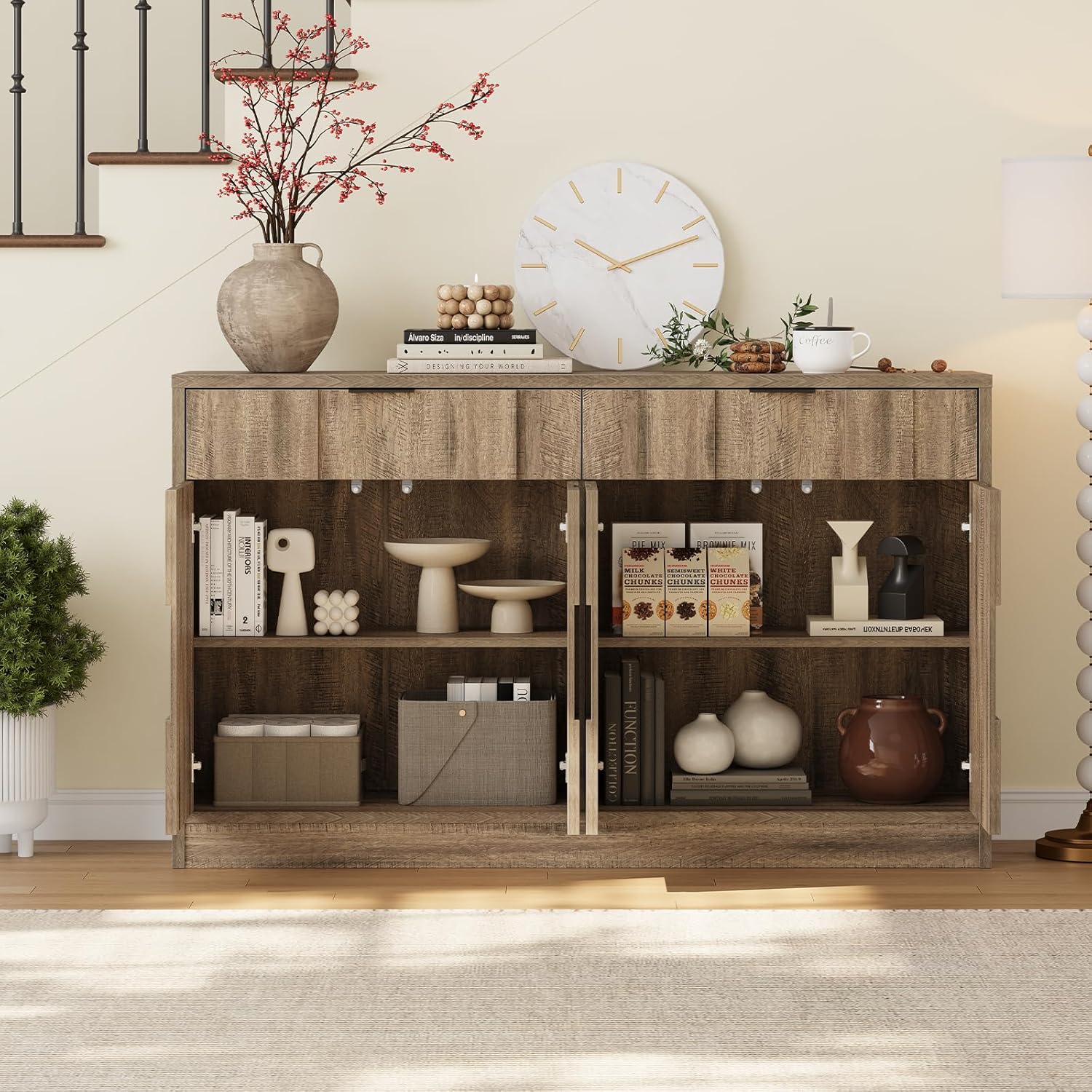 ONBRILL 61" Sideboard Buffet Cabinet with Storage, Large Coffee Bar Cainet with Doors and Drawers, Wood Credenza Console Cabinet Buffet Table for Kitchen Living Room Entryway (Washed Grey)