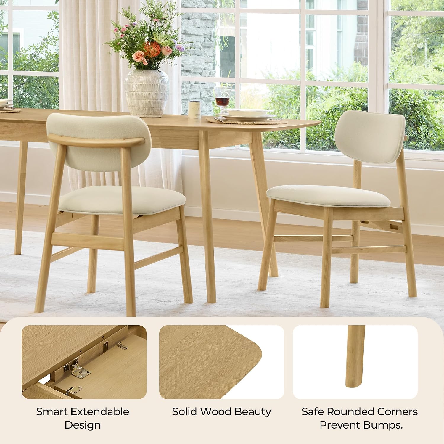 CHITA 47"-59" Extendable Dining Room Table for 4, Modern Wood Dining Table for Small Spaces, Kitchen, Space Saving Hidden Leaves, Solid Rubberwood Frame, Oak Veneer