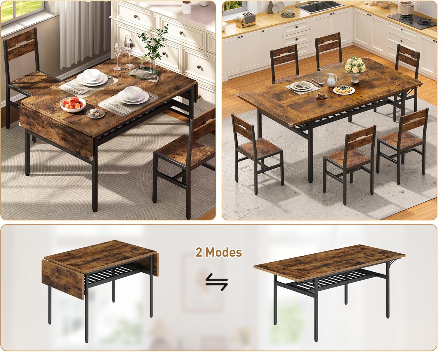 RALGEND 63" Extendable Dining Table for 4-6, Folding Kitchen Table with Drop Leaf, Farmhouse Dining Room Tables with Wine Rack, for Kitchen and Dining Room, Rustic Brown and Black