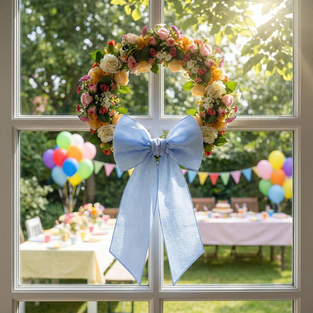 Farmhouse Sky Blue White Striped Seersucker Wreath Sash 5 Inch Wide x 54 Inch Spring St Patrick Day Wedding Holiday Party Bow Decoration