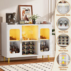 iSunirm Wine Bar Cabinet with Power Outlet, Liquor Cabinet Bar with LED Light and Glass Holder, Home Coffee Bar Cabinet, Buffet Sideboard with Storage Shelf for Kitchen, Dining Room, White