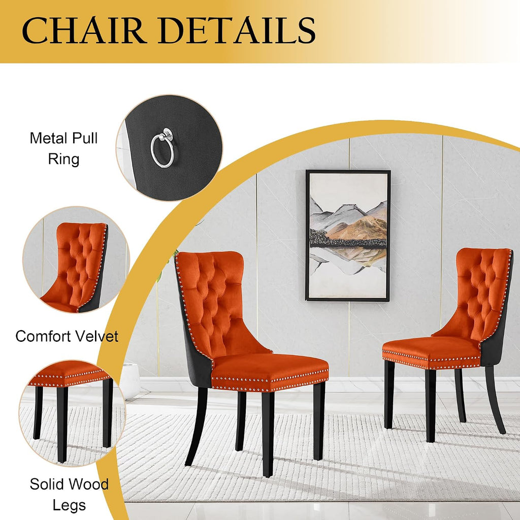 5-Piece Glass Dining Table Set for 4, Include 36" Round Tempered Glass Kitchen Table and 4 Orange Black High Back Chairs for Dining Room, Living Room (Gold Table Legs)
