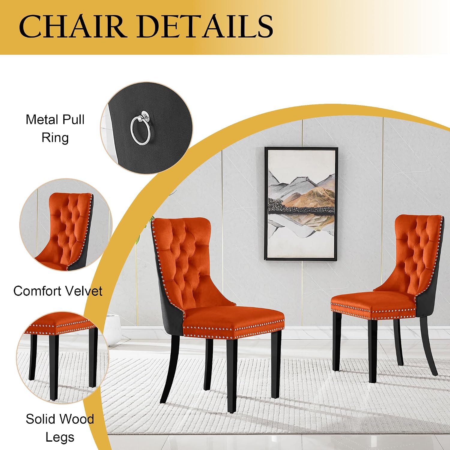 5-Piece Glass Dining Table Set for 4, Include 36" Round Tempered Glass Kitchen Table and 4 Orange Black High Back Chairs for Dining Room, Living Room (Gold Table Legs)