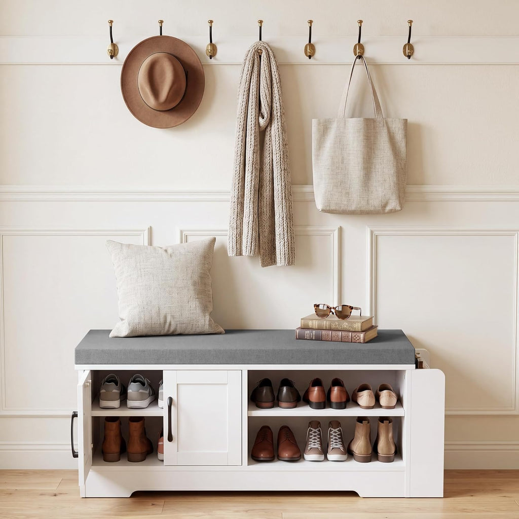GRUSIGN Shoe Storage Bench, 2-Tier with Adjustable Shelves, Removable Cushion, 39.6'' Wide Shoe Rack Bench for Entryway Bedroom Living Room, White