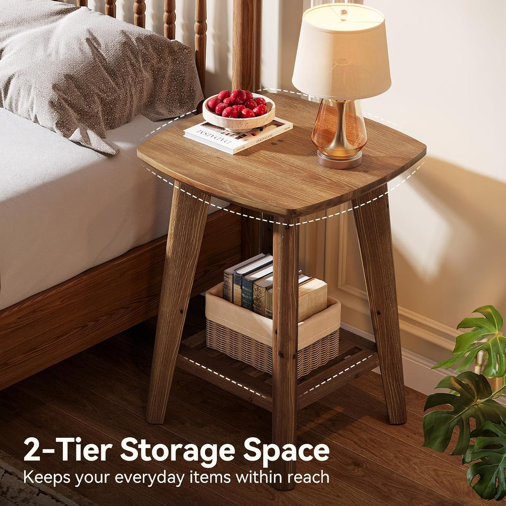 Square Side Table with 2-Tier Storage Shelf & Solid Wood Material, 19.68" Wood End Table for Living Room, Sofa Side, Small Spaces – Easy Assembly, Space-Saving Design