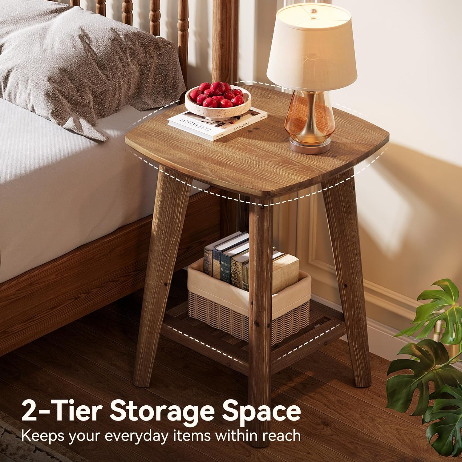 Square Side Table with 2-Tier Storage Shelf & Solid Wood Material, 19.68" Wood End Table for Living Room, Sofa Side, Small Spaces – Easy Assembly, Space-Saving Design