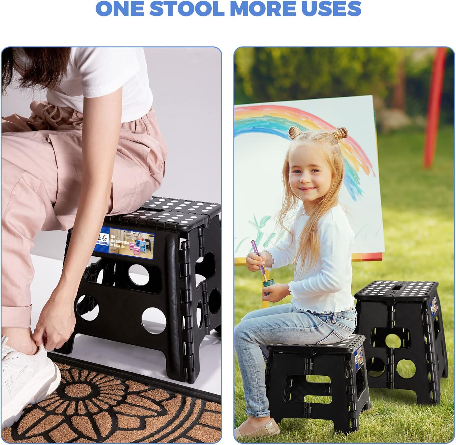 ACKO 13 Inch Folding Step Stool 3-Piece Set, 300 LB Capacity Plastic Foldable Stools with Handle, Non-Slip Bundle (Black & Black & Black)