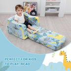 Airpanda Comfy Kids Chair and Couch with Blanket,2-in-1 Soft Fold Out Couch for Girls and Boys,Convertible Sofa Chair for Playroom, Green Dinosaur