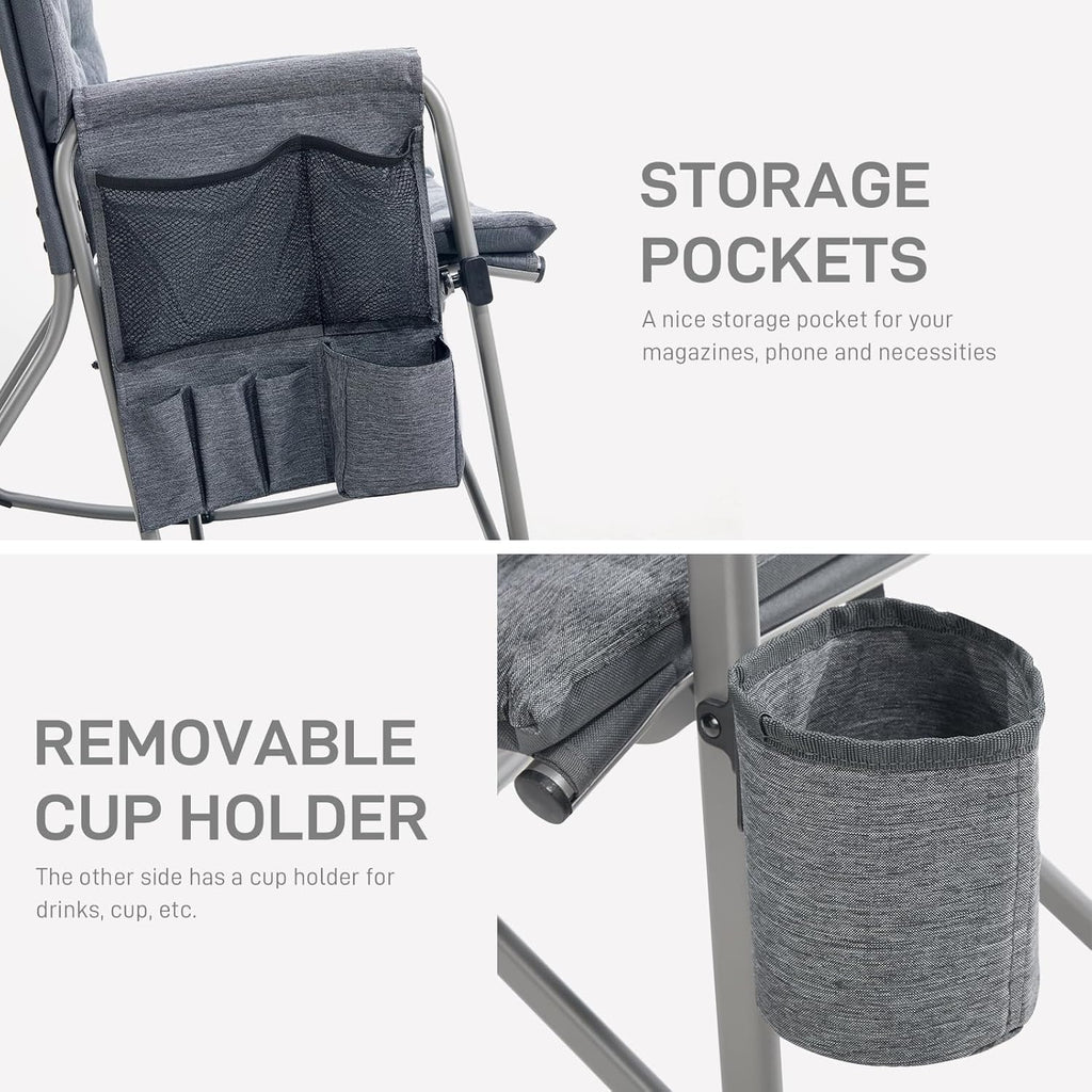 EVER ADVANCED Lightweight Folding Rocking Camping Chair, Padded Portable Rocker Chair for Patio, Lawn and Outdoors, Heavy Duty Hard Armchair for Adults, Grey