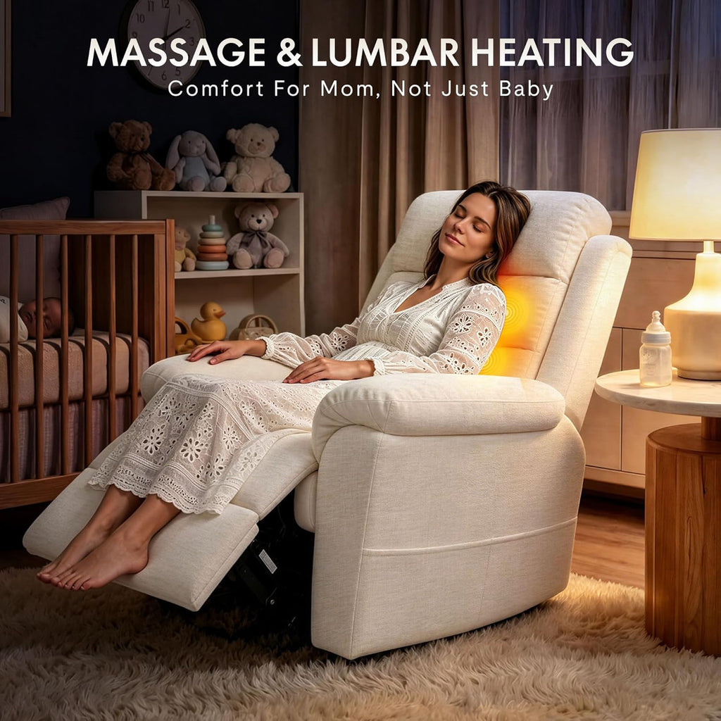 FLEXISPOT Souffle-Pro Swivel Rocker Recliner Chair with Nightlight, Power Nursery Glider Recliner with Massage & Heat, Adjustable Headrest, Oeko-TEX Fabric, Ideal for Nursery & Home Relaxation, Cream