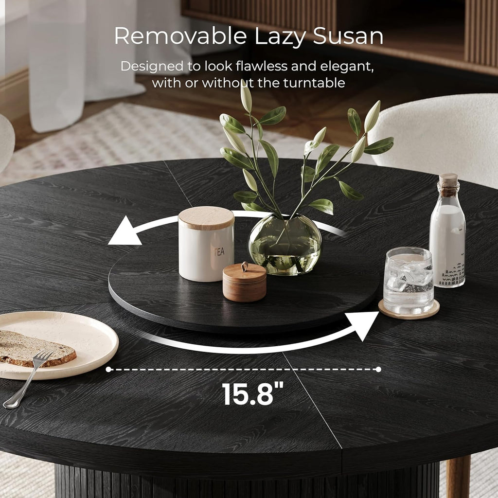 47" Round Dining Table for 6 with Storage (Table Only), Sleek Black Wood Grain, Modern Fluted Ribbed Pedestal, Hidden Cabinet & Lazy Susan, Minimalist Design