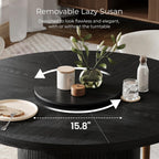 47" Round Dining Table for 6 with Storage (Table Only), Sleek Black Wood Grain, Modern Fluted Ribbed Pedestal, Hidden Cabinet & Lazy Susan, Minimalist Design